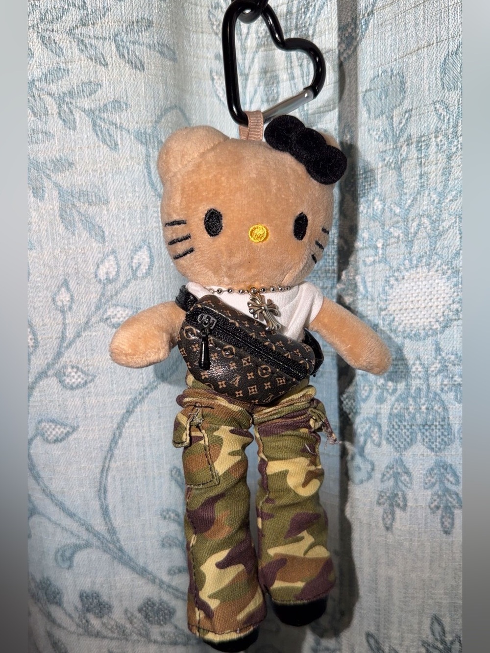 Hello Kitty Tan Plush Keychain with Black Bow and Camo Pants